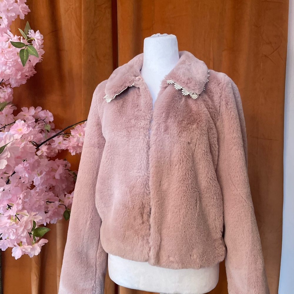 H&M Blush Teddy Jacket with Embellished Collar